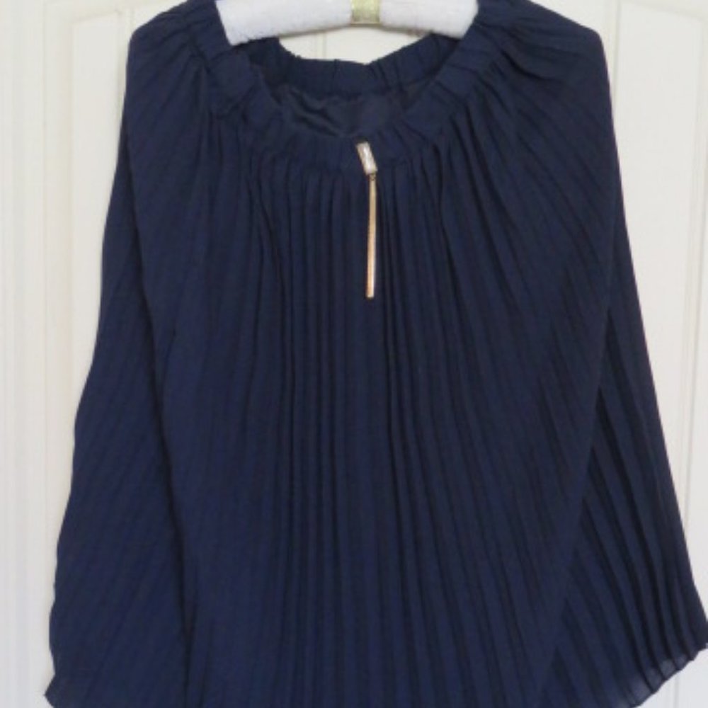Dark Blue PLEATED Skirt with Faux Gem & Chain Detail Small (K344)